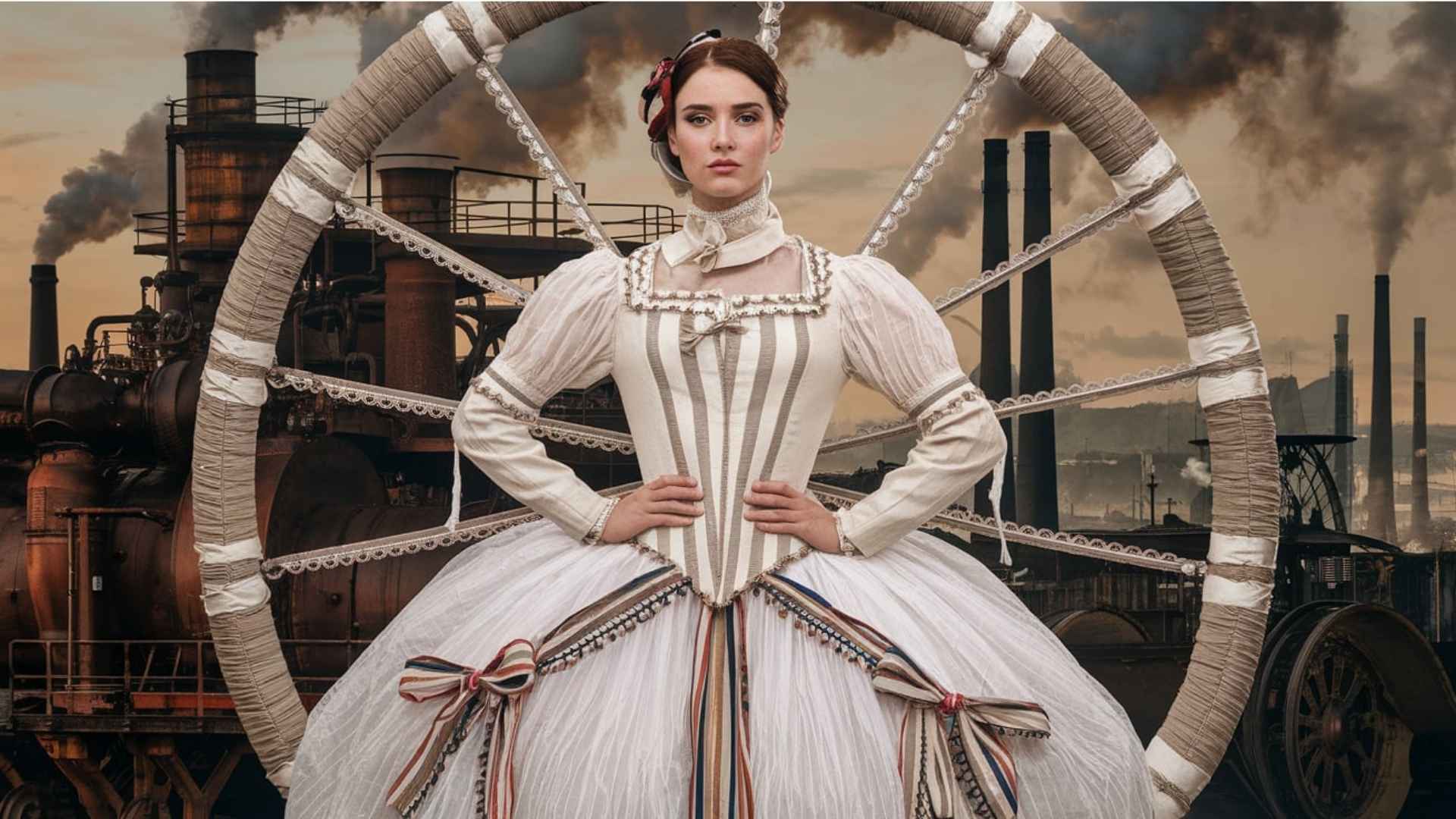 Foto de uma fashionista vestindo roupas da era vitoriana em frente a um fundo que representa a Revolução Industrial.